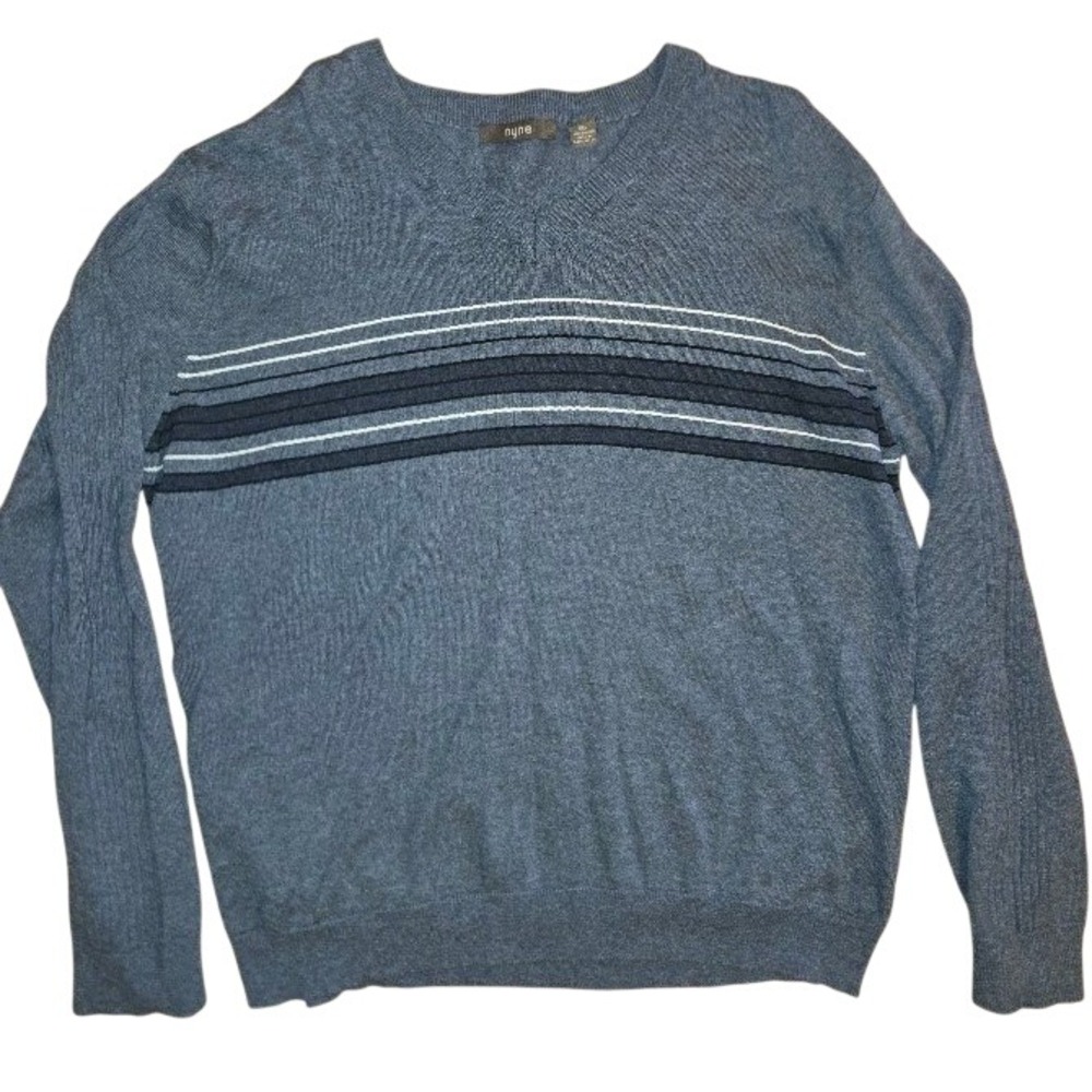 Nyne Mens V-Neck Sweater XXL Blue‎ Grey Striped Chest 100% Cotton Knit Pullover